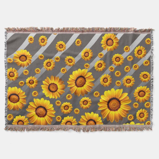 Snygg gula blommor på grått, silver rand filt (Framsidan)