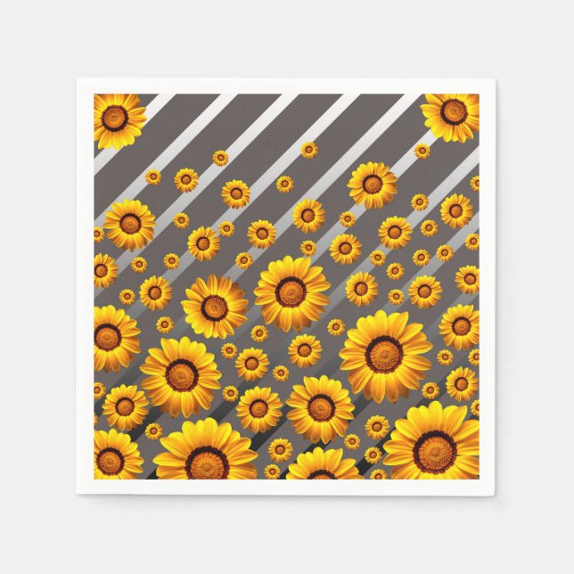 Snygg gula blommor på grått, silver rand pappersservett (Framsidan)