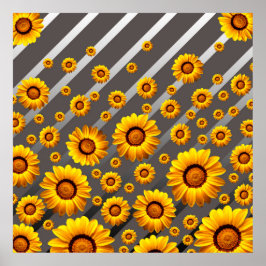 Snygg gula blommor på grått, silver rand poster