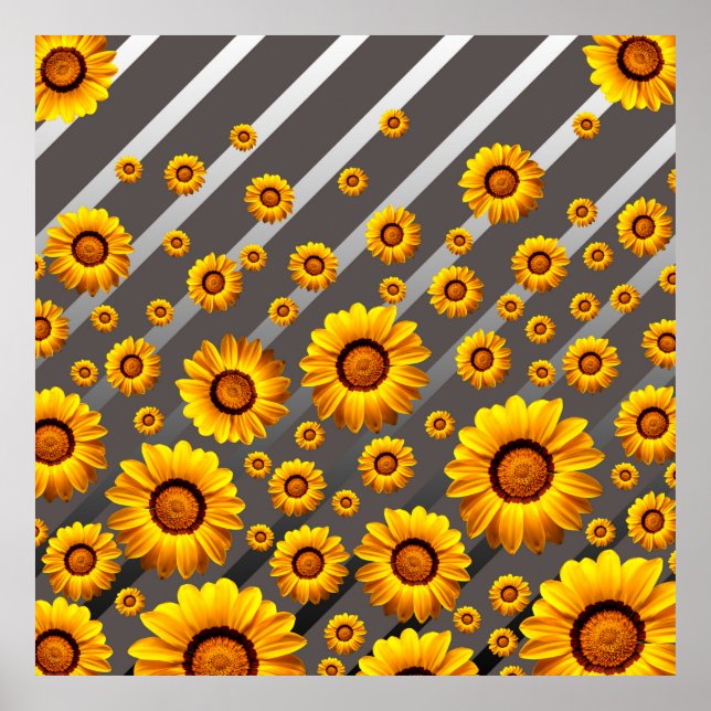 Snygg gula blommor på grått, silver rand poster (Framsidan)