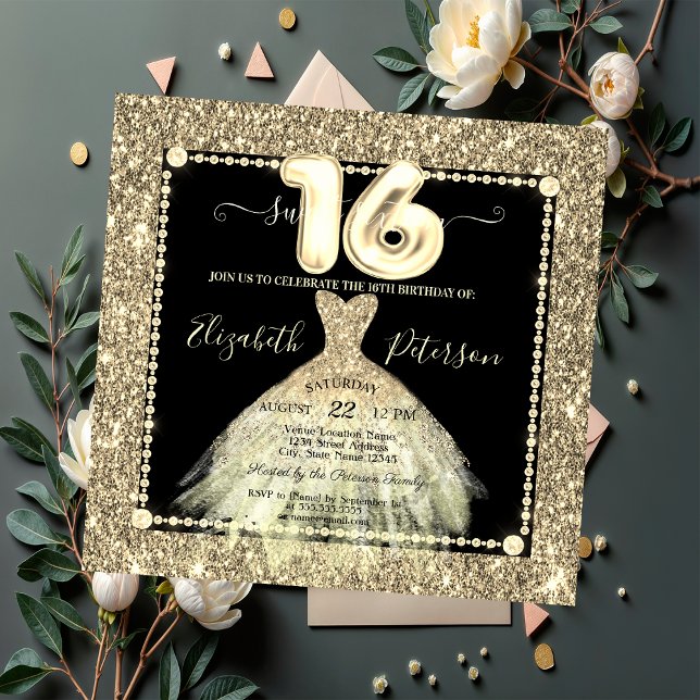 Snygg Guld Klänning Glitter Sweet 16 Inbjudningar (Skapare uppladdad)