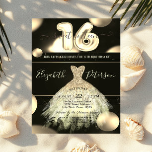 Snygg guldklänning Konfettiprickar Sweet 16 Inbjudningar