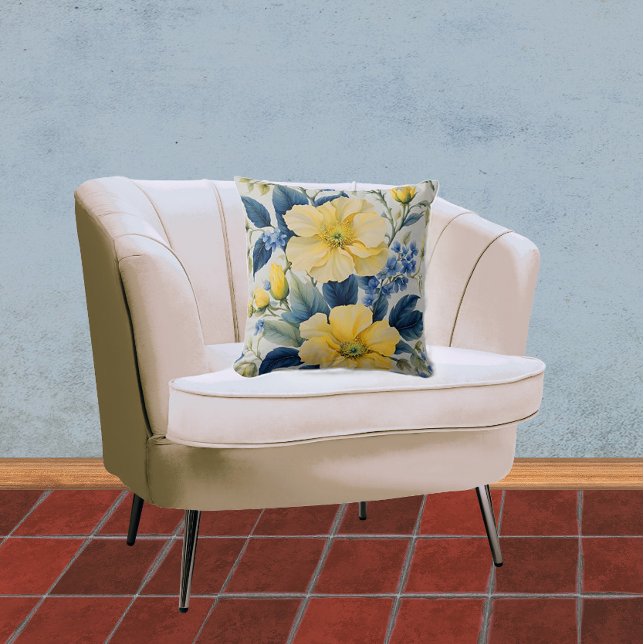 Snygg Gult och Blåa blommor Kudde (Skapare uppladdad)