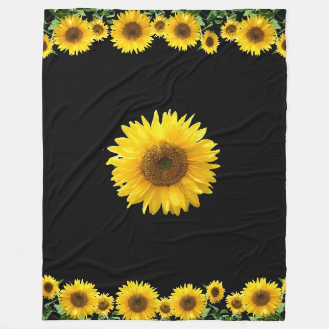 Snygg Gult Sunblommor på svart Fleecefilt (Framsidan)