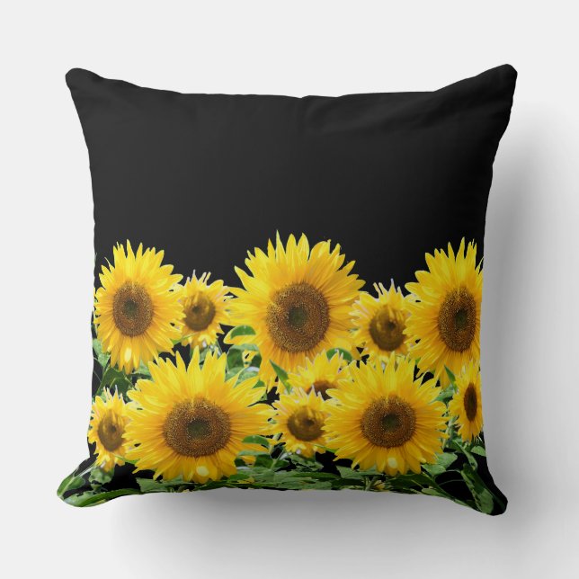 Snygg Gult Sunblommor på svart Kudde (Framsida)