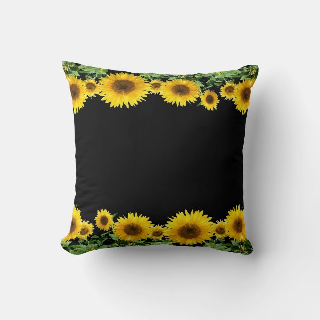 Snygg Gult Sunblommor på svart Kudde (Framsida)