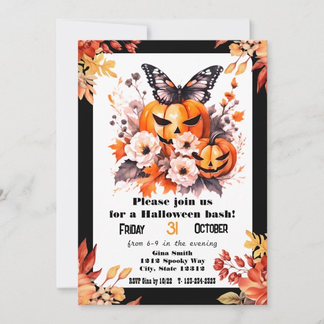 Snygg Halloween Blomsterlig Pumpafest Inbjudningar (Framsida)