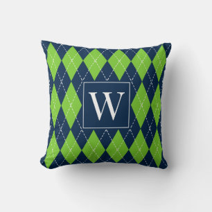 Snygg handstitchad Argyle – Marinblå & Lime Kudde
