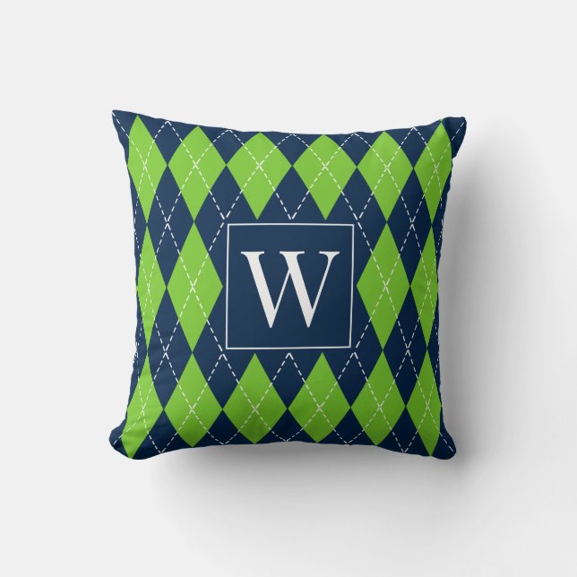 Snygg handstitchad Argyle – Marinblå & Lime Kudde (Framsida)