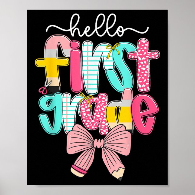 Snygg Hello 1:a klass lärare Coquette Bow Bak T Poster (Framsidan)