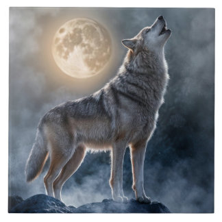 Snygg Howling Varg Måne Art Kakelplatta