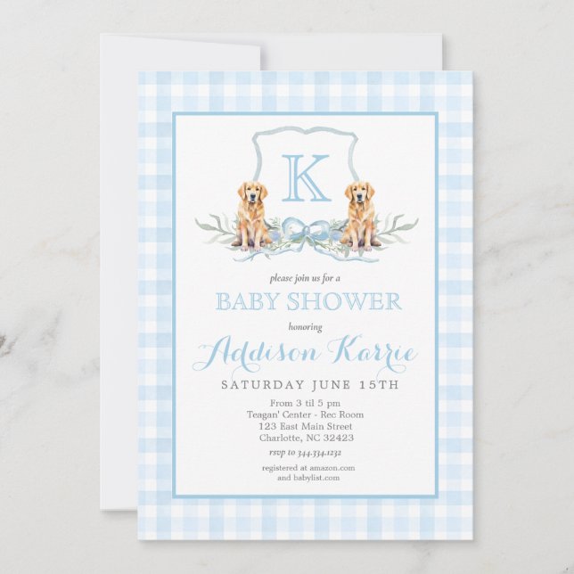 Snygg hund1 Gingham Crest Baby Shower Inbjudan (Framsida)