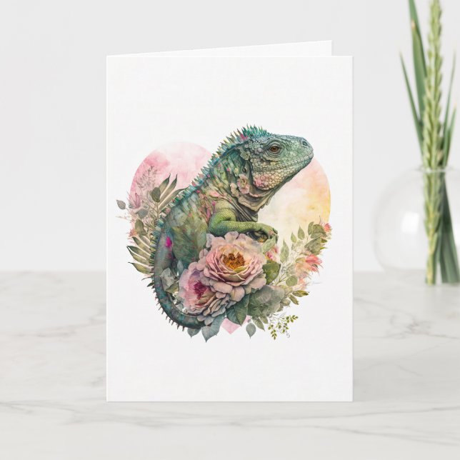 Snygg Iguana på Rosa Flowers Valentindag Helgkort (Framsida)