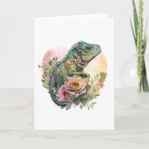 Snygg Iguana på Rosa Flowers Valentindag Helgkort