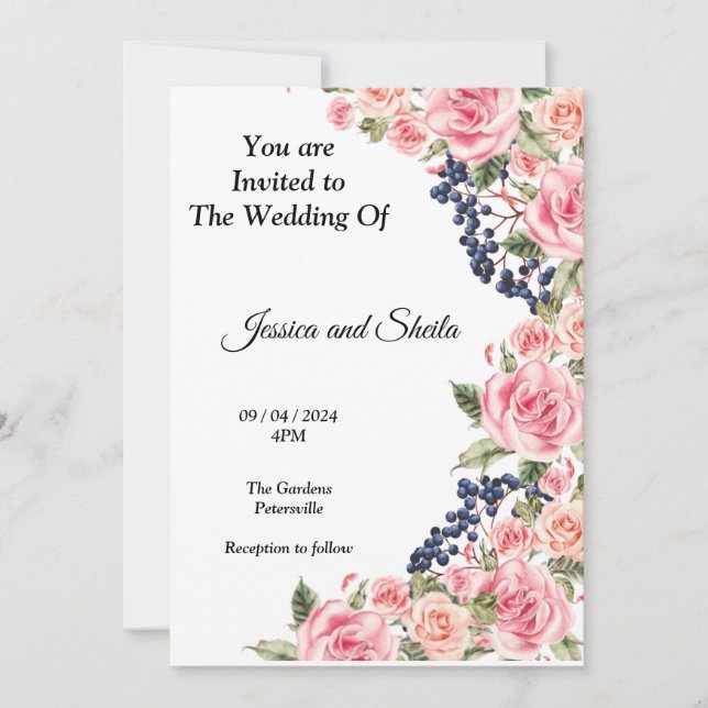 Snygg inbjudan till rosa blommor bröllopsbjudande, (Framsida)