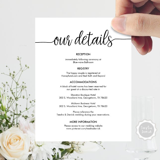 Snygg information om Bröllop, Rustic Black bläck Tilläggskort (Beautiful Our Wedding Details, Rustic Black ink Enclosure Card, Accommodations, Reception, RSVP)