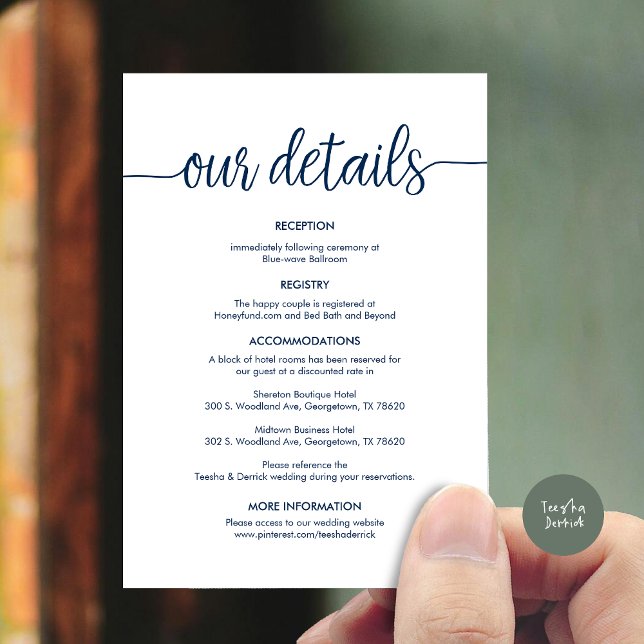 Snygg information om Bröllop, Rustic Black bläck Tilläggskort (Beautiful Our Wedding Details Enclosure Card, Rustic Cottage Design, Navy Blue Background)
