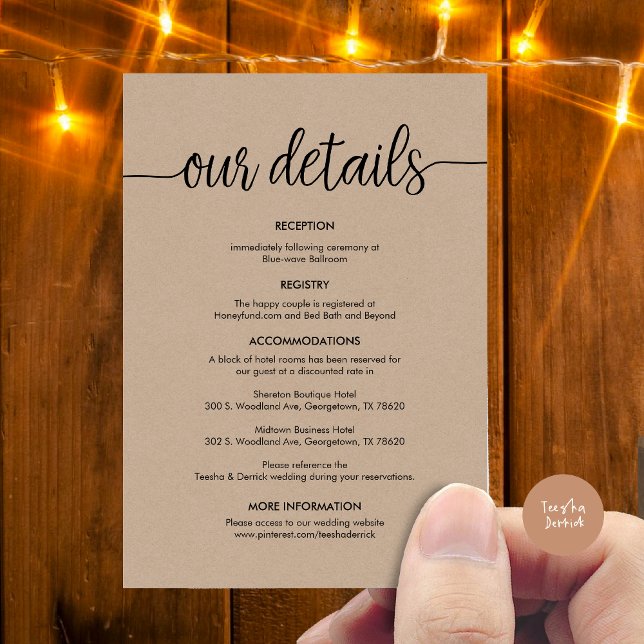 Snygg information om Bröllop, Rustic Black bläck Tilläggskort (Beautiful Our Wedding Details Enclosure Card, Rustic Cottage Design, Brown Kraft Graphic Background)
