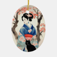 Snygg japansk flicka med svart katt