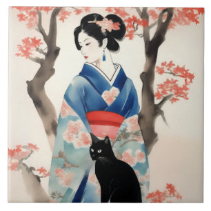 Snygg japansk flicka med svart katt kakelplatta