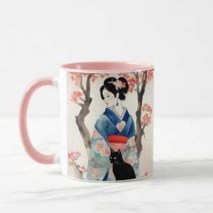 Snygg japansk flicka med svart katt mugg