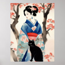 Snygg japansk flicka med svart katt poster