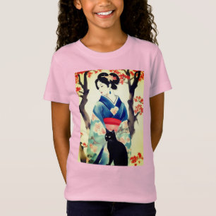 Snygg japansk flicka med svart katt t shirt