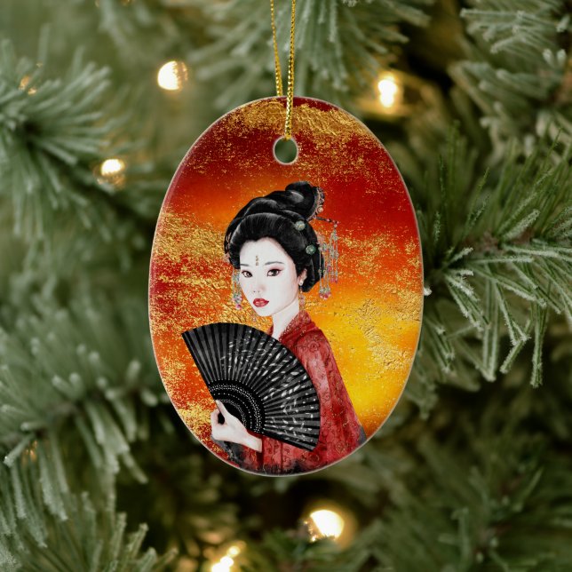 Snygg japansk Geisha Guld, röd jul Julgransprydnad Keramik (Träd)