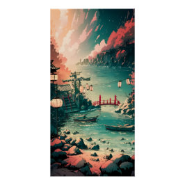 Snygg japansk Watercolor Harbour Scene Perfect Poster