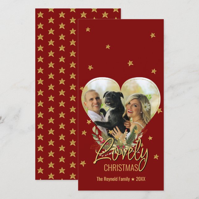 Snygg jul Guld Heart Photo Glitter Star Red (Fram/baksida)