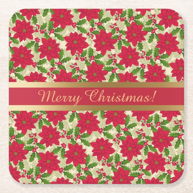 Snygg jul Poinsettia, Holly, Gräs gren Underlägg Papper Kvadrat (Framsidan)