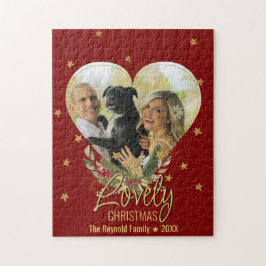 Snygg julfoto Heart Guld Glitter Star Red Pussel