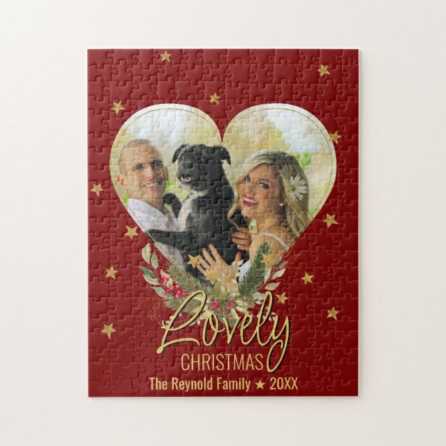 Snygg julfoto Heart Guld Glitter Star Red Pussel (Vertikal)