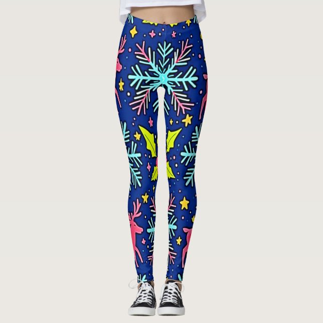 Snygg julgran med blå renmönsterdesign leggings (Framsida)