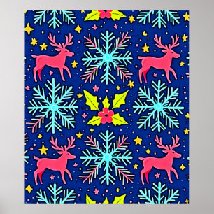 Snygg julgran med blå renmönsterdesign poster