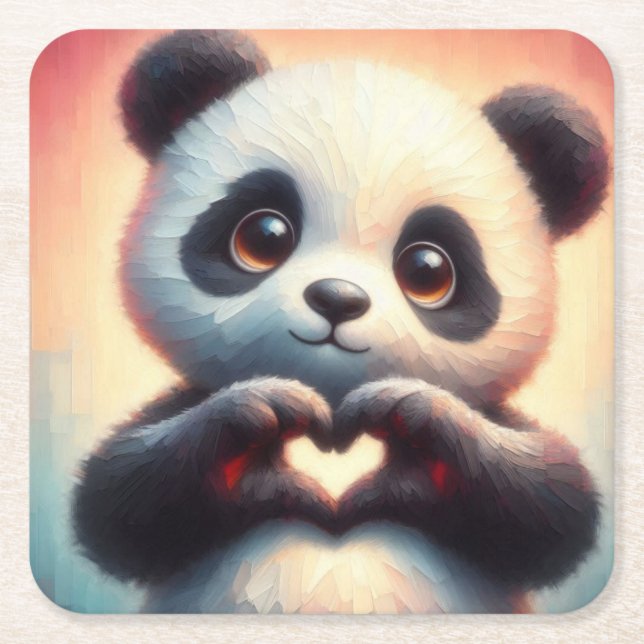 Snygg Kärlek Heart Panda Underlägg Papper Kvadrat (Framsidan)