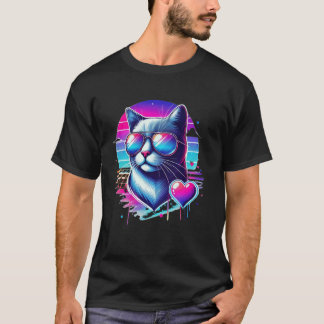 Snygg Katt Färgglada Hjärtan Solglasögon Söt Katt T Shirt