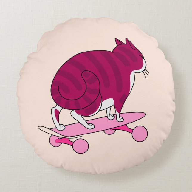 Snygg katt i tecknad stil med rosa text rund kudde (Framsidan)