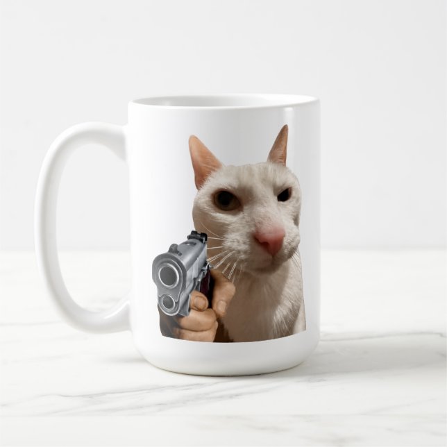 Snygg katt med pistol rolig meme kaffemugg (Vänster)