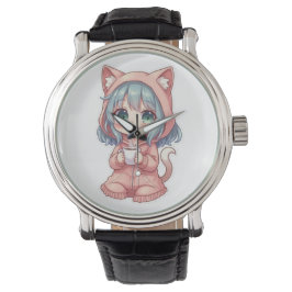 Snygg Kawaii Anime Tjej med Katt Tröja – Varm Dryc Armbandsur