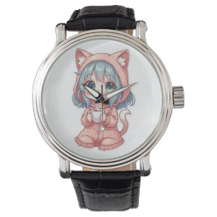 Snygg Kawaii Anime Tjej med Katt Tröja – Varm Dryc Armbandsur