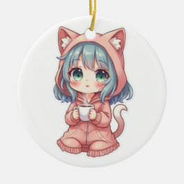 Snygg Kawaii Anime Tjej med Katt Tröja – Varm Dryc Julgransprydnad Keramik