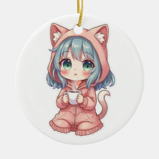 Snygg Kawaii Anime Tjej med Katt Tröja – Varm Dryc Julgransprydnad Keramik