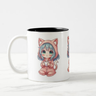 Snygg Kawaii Anime Tjej med Katt Tröja – Varm Dryc Två-Tonad Mugg