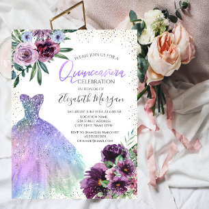 Snygg klänning, Konfetti lila blommor Quinceañera  Inbjudningar