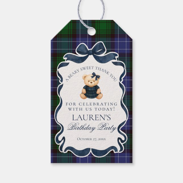 Snygg Koquette Bow Björn Tartan Födelsedagspresent Presentetikett (Framsidan)