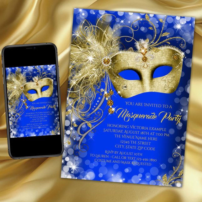Snygg Kunglig Blå Guld Glitter Maskeradfest Inbjudningar (Blue and gold masquerade party invitation with pretty gold jewel mask on a blue and gold background.)