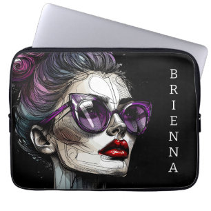 Snygg kvinna i solglasögon och lila läppstift laptop fodral