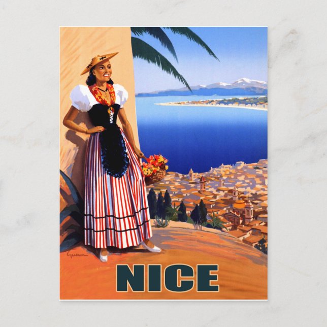 Snygg kvinna tittar vid Fransken, vintage Vykort (Framsida)