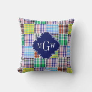 Snygg lapptäcke Madras Navy Fyrklöver Monogram Kudde